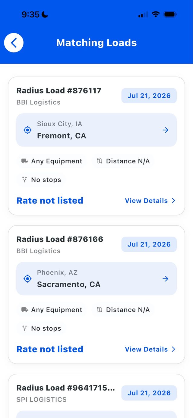 Matching loads screen in Trucker Copilot showing available freight